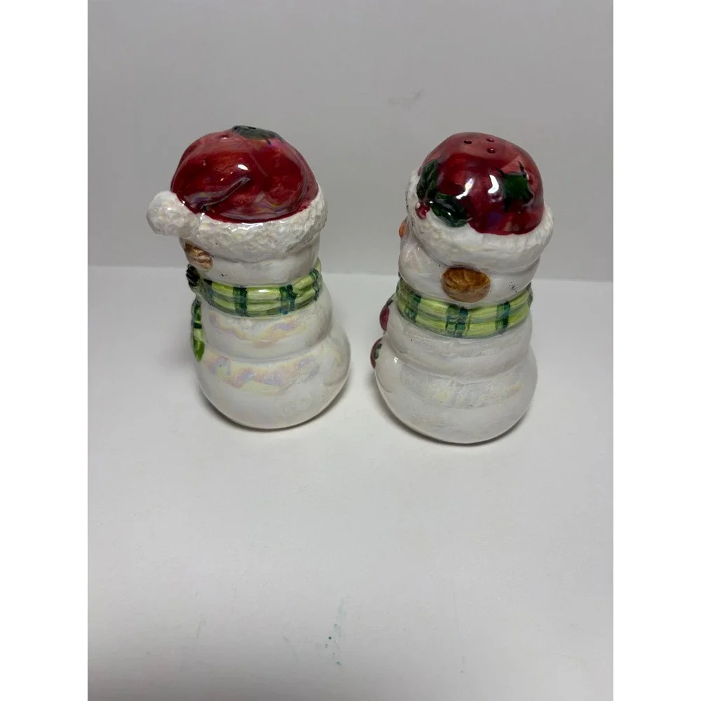 Snowman Salt and Pepper Shaker Set Iridescent Christmas Holiday Decor Ceramic